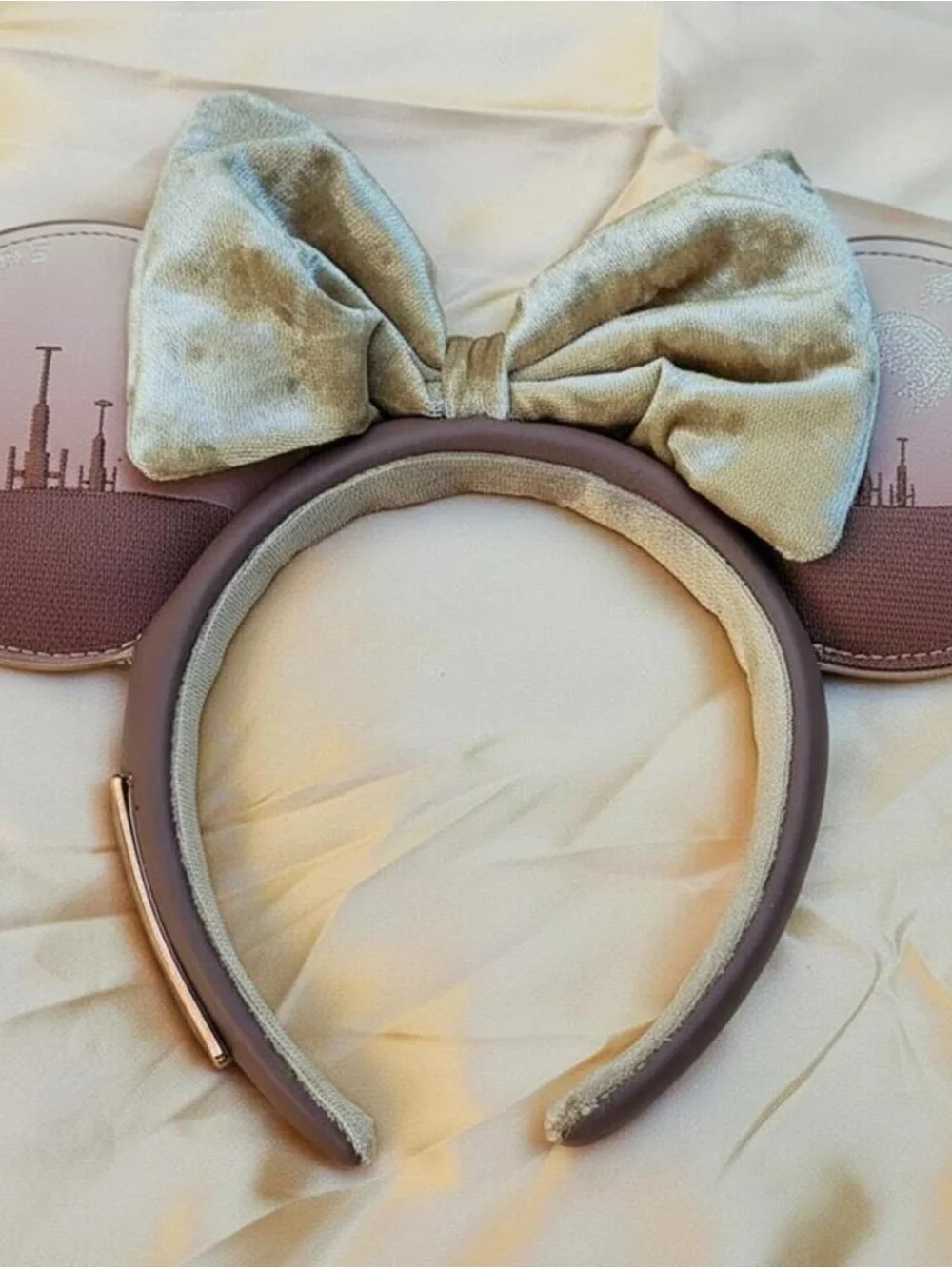 Kids Velvet Bow Mouse Ear Headband in Sage Green